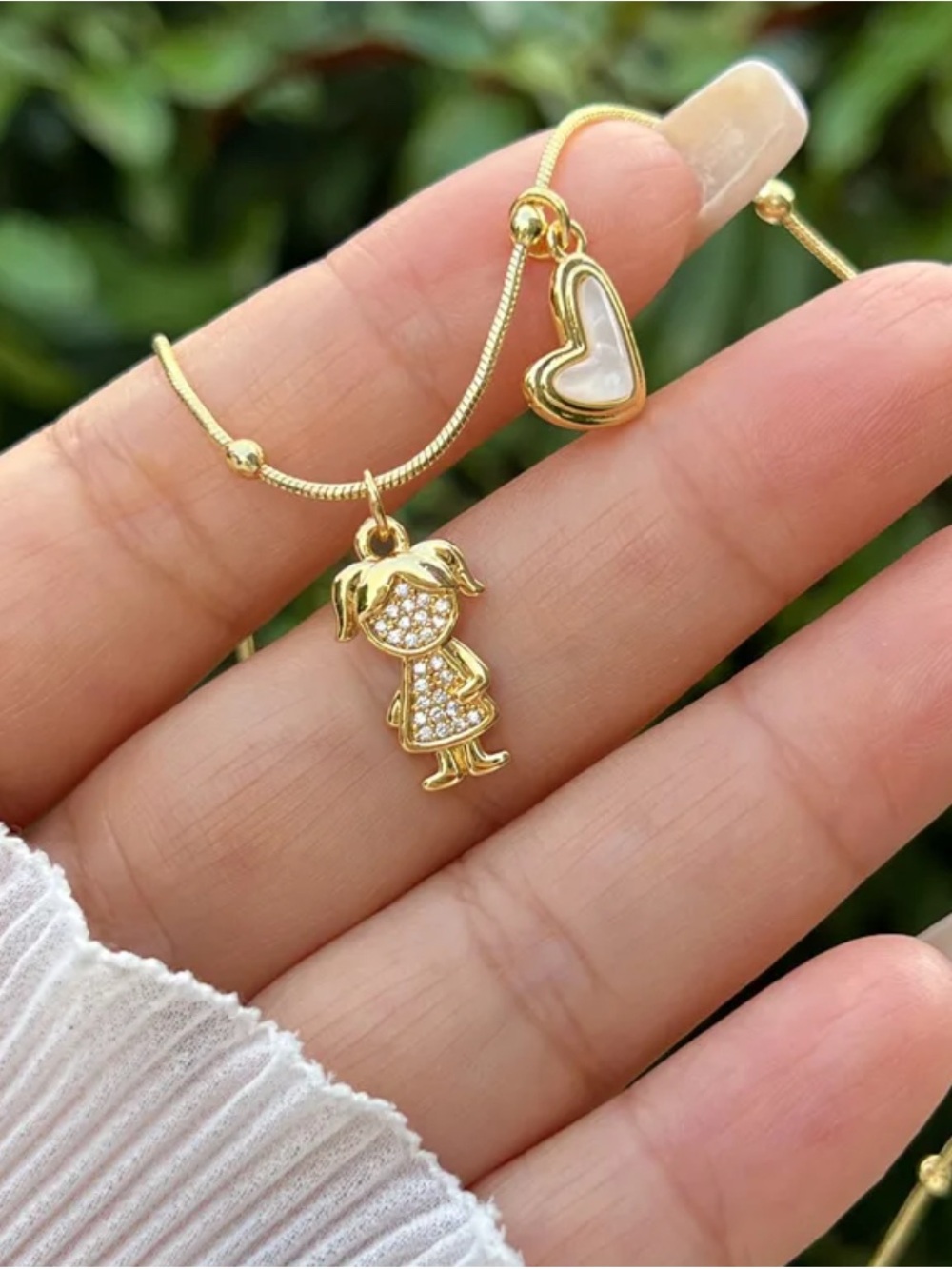 Gold Girl Pendant Necklace with Heart Charm